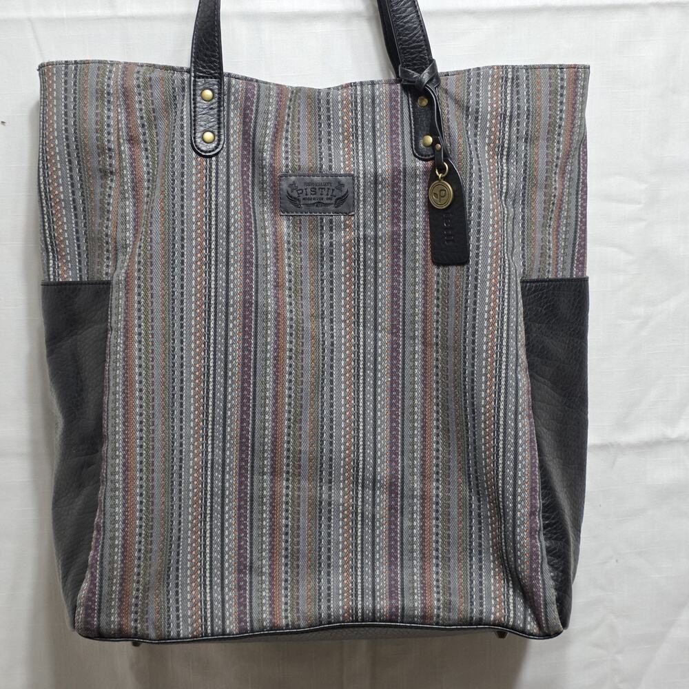 Pistil Woven Tote Bag Boho Striped Canvas Leather Trim Large Shoulder Bag